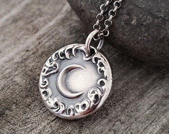 Crescent New Moon Cloud/Wax Seal Necklace Pendant/Handmade Sterling Silver LT059