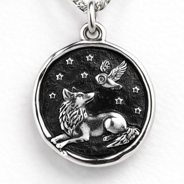 Wolf & Owl Under the Stars Wax Seal Pendant, LARGE Handmade Solid Silver Necklace, Liliane Ting