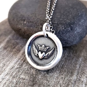 Angel Wings Heart Pendant: Handmade Solid Silver Wax Seal Necklace, Liliane Ting Design