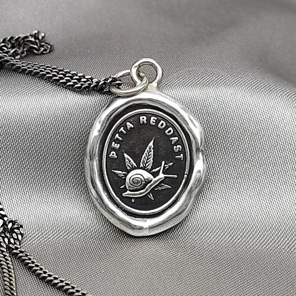 Snail Leaf Wax Seal Necklace Pendant, Handmade Sterling Silver, Intaglio Seal Heirloom, Original Design LT066