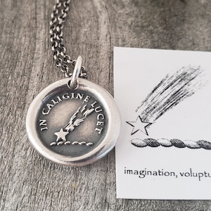 Comet Wax Seal Necklace: Handmade Solid Silver Intaglio Pendant, Latin Motto, Liliane Ting Design