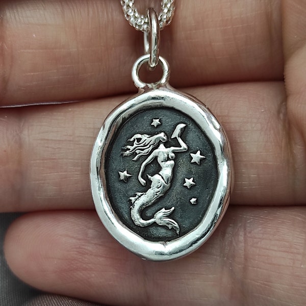 Mermaid Celestial Wax Seal Necklace Pendant, Handmade Sterling Silver, Intaglio Seal Heirloom, Original Design Liliane Ting 073