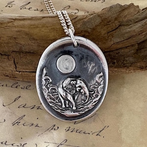 Elephant Moon Wax Seal Necklace: Solid Silver Talisman, Handmade Intaglio Pendant, Liliane Ting Design