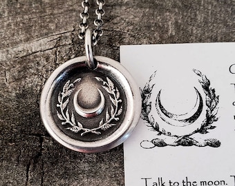 Crescent Moon Wreath Wax Seal Necklace Pendant, Handmade 925 Sterling Silver, Intaglio Seal Heirloom Original Design by LilianeTing LT003