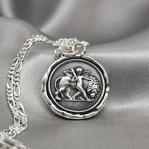 Cupid Pendant, Lion Necklace, Wax Seal Charm, Handmade Silver Talisman, Intaglio Seal Heirloom LT031