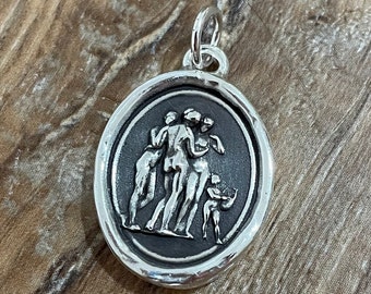 Three Graces with Cupid Wax Seal Necklace Pendant, Handmade Sterling Silver, Intaglio Seal Heirloom LT020
