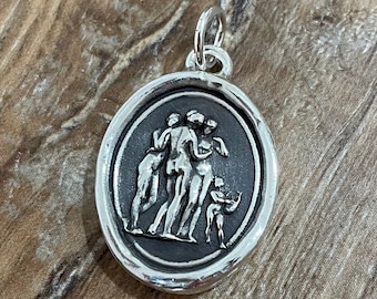 Three Graces with Cupid Wax Seal Necklace Pendant, Handmade Sterling Silver, Intaglio Seal Heirloom LT020