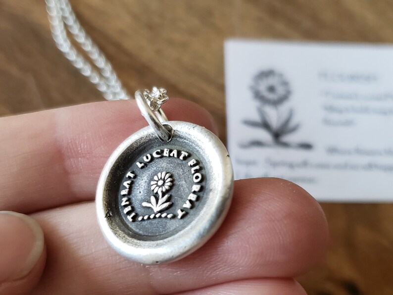 Flower Latin Motto Wax Seal Intaglio Stamp Necklace Pendant Original Design by LilianeTing Handmade Sterling Silver