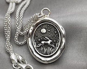 Rabbit Bunny Celestial Star Night Wax Seal Necklace Pendant, Handmade Sterling Silver, Intaglio Seal Heirloom, Original Design LT030