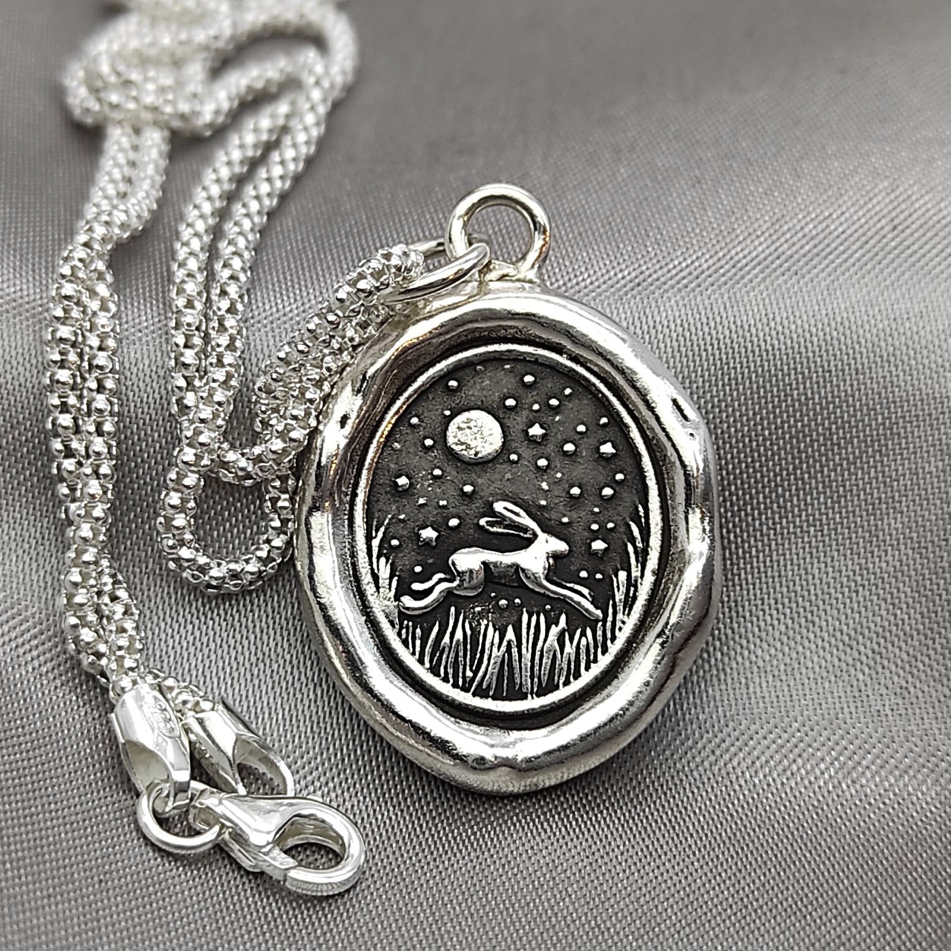 Bunny Wax Seal Necklace: Solid Silver Celestial Rabbit Pendant, Liliane Ting Design