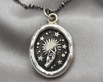 Celestial Sun & Star Solid Silver Talisman Necklace: Magic Hand Intaglio Pendant, Liliane Ting Design