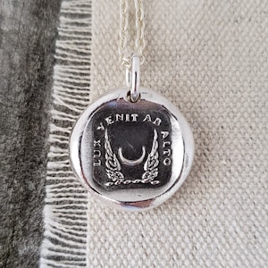 Crescent Moon Wax Seal Necklace: Solid Silver Wings, Latin Motto, Liliane Ting Design