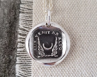 Wax Seal Necklace Pendant/Wings Crescent New Moon/Latin Motto/Handmade Sterling Silver/Intaglio Seal Original Design LT056