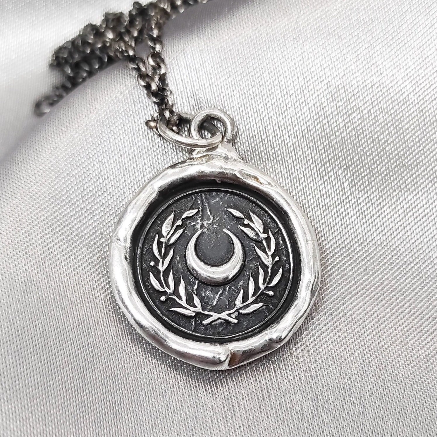 Crescent Wreath Wax Seal Necklace Pendant, Handmade Sterling Crescent Wreath Wax Seal Necklace Pendant, Handmade Sterling