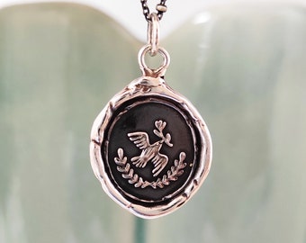 Peace Dove Wax Seal Necklace: Handmade Solid Silver Intaglio Pendant, Liliane Ting Design