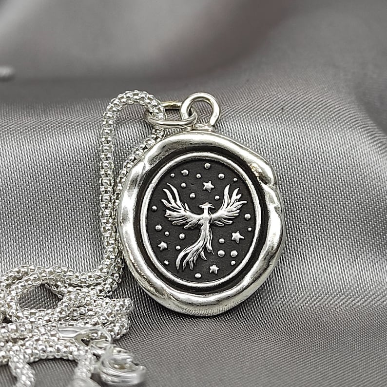 Phoenix Wax Seal Necklace: Solid Silver Talisman, Handmade Intaglio ...