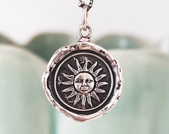 Handmade Solid Silver Sun Necklace: Wax Seal Intaglio Pendant - Liliane Ting Design