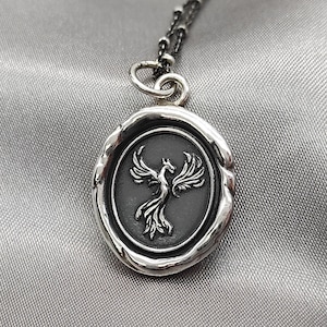 Phoenix Resurrection Firebird Wax Seal Necklace Pendant, Handmade Sterling Silver, Intaglio Seal, Original Design Liliane Ting Studio LT010