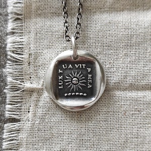Handmade Solid Silver Sun Necklace: Latin Motto Wax Seal Pendant, Liliane Ting Design