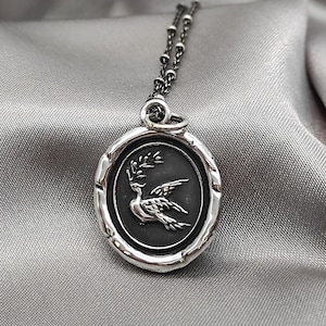 Dove Olive Branch Necklace: Solid Silver Wax Seal Pendant, Peace Jewelry, Liliane Ting Design