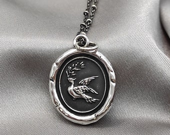 Dove Olive Bird Wax Seal Necklace Pendant, Handmade Sterling Silver, Intaglio Seal Heirloom, Original Design Liliane Ting Studio LT057