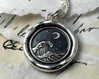 Wax Seal Solid Silver Ocean Wave Necklace: Nautical Crescent Moon Pendant, Liliane Ting Design