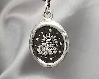 Celestial Wax Seal Necklace: Solid Silver Sun, Moon, Stars, Liliane Ting Design