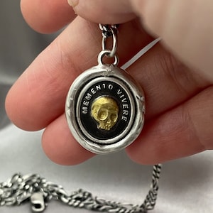 22K Gold Overlay Skull Pendant: Fine Silver Wax Seal Necklace, Liliane Ting Design