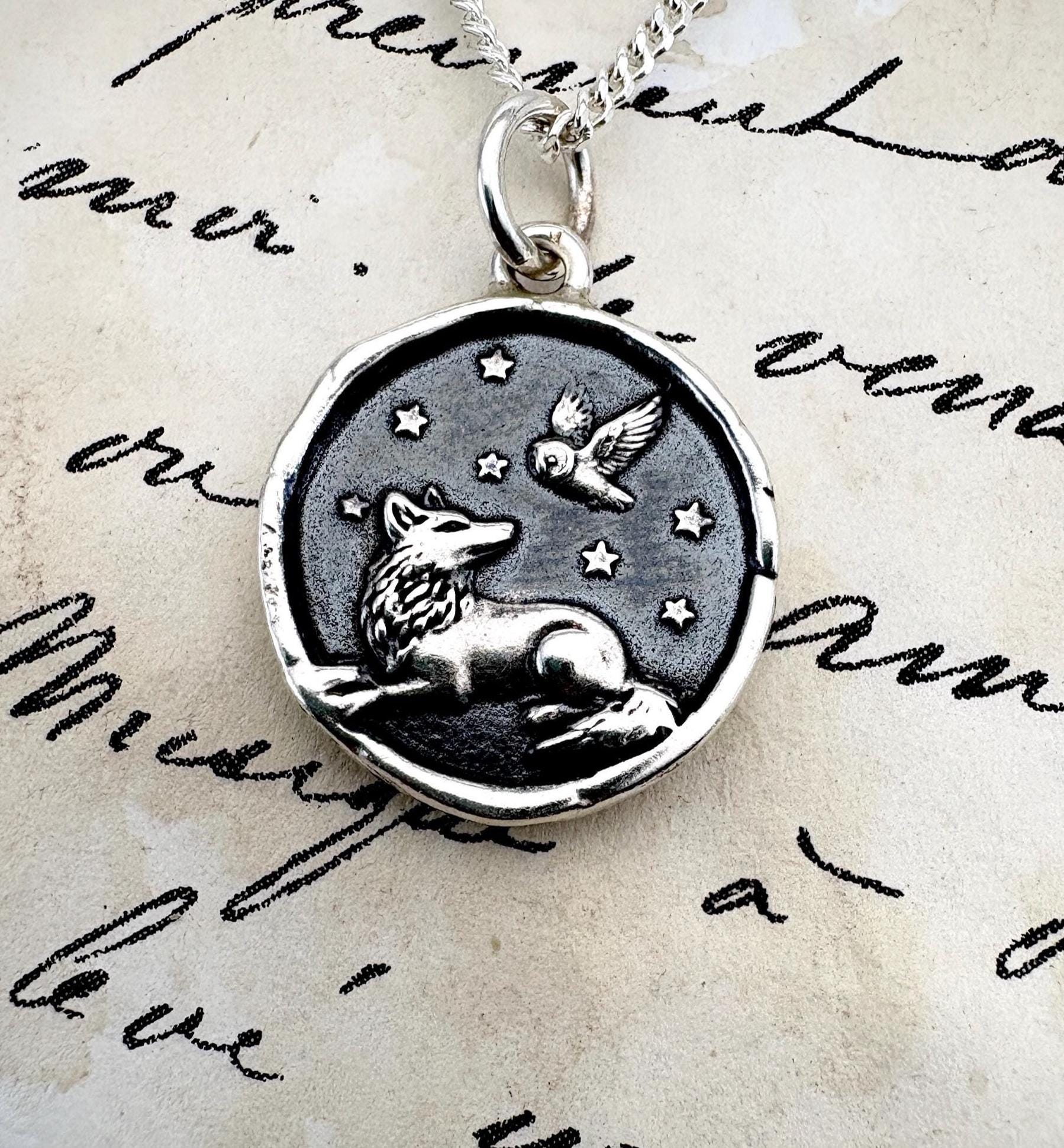 Wolf & Owl Under the Stars Wax Seal Pendant, Handmade Solid Silver Necklace, Liliane Ting Design