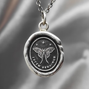 Moth Follow the Light Wax Seal Necklace Pendant, Handmade Sterling Silver, Intaglio Seal Heirloom, Original Design LT Studio LT002