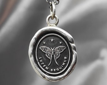 Moth Follow the Light Wax Seal Necklace Pendant, Handmade Sterling Silver, Intaglio Seal Heirloom, Original Design LT Studio LT002