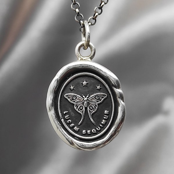 Moth Follow the Light Wax Seal Necklace Pendant, Handmade Sterling Silver, Intaglio Seal Heirloom, Original Design LT Studio LT002