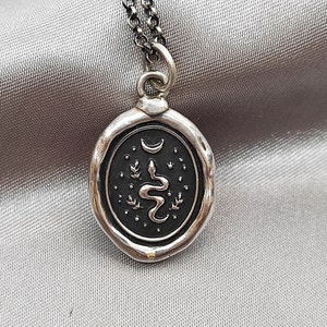 Snake Celestial Moon Wax Seal Necklace Pendant, Handmade Sterling Silver, Intaglio Seal Heirloom Original Design LT025