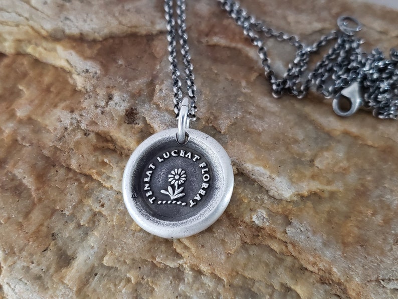 Flower Latin Motto Wax Seal Intaglio Stamp Necklace Pendant Original Design by LilianeTing Handmade Sterling Silver
