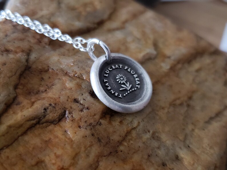 Flower Latin Motto Wax Seal Intaglio Stamp Necklace Pendant Original Design by LilianeTing Handmade Sterling Silver