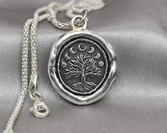 Baum Mond Celestial Wachs Siegel Halskette Anhänger, Handgemacht Sterling Silber, Intaglio Siegel Erbstück, Original Design Liliane Ting Studio LT007