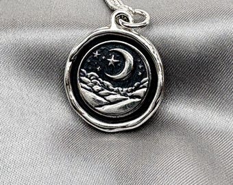 Solid Silver Moon & Stars Wax Seal Pendant: Celestial Night Sky Necklace, Liliane Ting Design