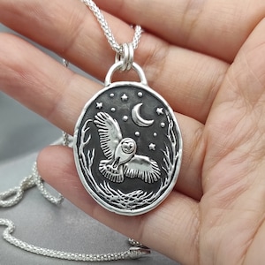 Owl Celestial Starry Night Large Size Wax Seal Necklace Pendant, Handmade Sterling Silver, Intaglio Seal Heirloom, Original Design LT068