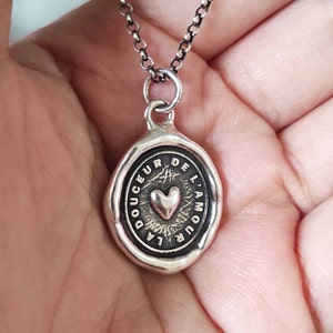 Heart Wax Seal Necklace: Solid Silver Intaglio Pendant, French Motto, Liliane Ting Design