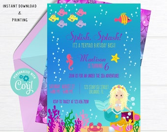 Mermaid Invitation, Editable Mermaid Invite, Mermaid Birthday Invitation, Mermaid Invite, Mermaid Party, Instant Download, Editable Invite