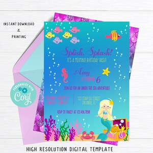 Mermaid Invitation, Editable Mermaid Invite, Mermaid Birthday Invitation, Mermaid Invite, Mermaid Party, Instant Download, Editable Invite