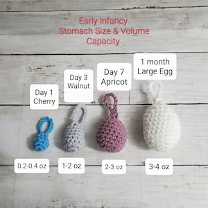 May include: A visual guide to early infancy stomach size and volume capacity. The image shows four crocheted shapes representing the stomach size at different stages: Day 1 Cherry, Day 3 Walnut, Day 7 Apricot, and 1 month Large Egg. Measurements are in ounces.