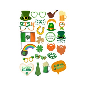 May include: A set of 18 St. Patrick's Day themed photo booth props. The props include a green hat, glasses, a horseshoe, a pot of gold, a rainbow, a shamrock, a leprechaun, a beard, a pipe, a beer mug, a flag, a heart, a tie, and a speech bubble that says "Kiss me, I'm Irish".