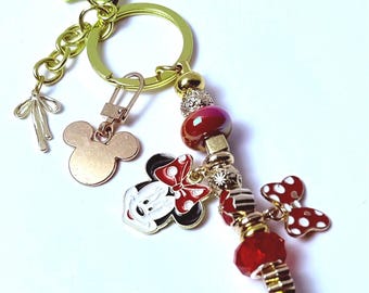 Gold Minnie Mouse Keychain: Red Polka Dot Bow, Crystal Beads