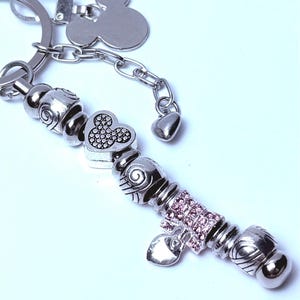 Disney Inspired Silver Bag Charm – Mickey Mouse Keychain with Pink Rhinestone Accent & Heart Beads, Handmade Purse Accessory, Cute Disney