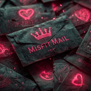 May include: A collection of dark gray envelopes with a distressed texture. The envelopes feature neon pink designs, including hearts, crowns, and the text "MISFIT MAIL". The overall aesthetic is gothic and romantic.