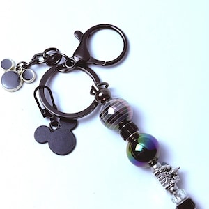 Black Mickey Mouse Charm Keychain –Black Beaded Strand, Multiple Disney Charms, Handmade Disney Bag Accessory