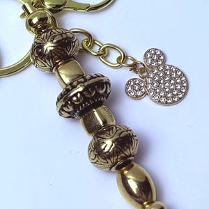 Disney Inspired Gold Bag Charm – Mickey Mouse Rhinestone Keychain with Engraved Beads, Handmade Purse & Backpack Accessory, Cute Disney Gift