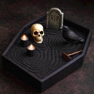 Minijardín zen gótico: murciélago, cuervo, ataúd y bandeja hexagonal. Decoración de escritorio de bruja, kit antiestrés Dark Academia, edición HRM.