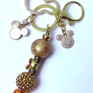 Disney Inspired Gold Bag Charm – Mickey Mouse Rhinestone Keychain with Beads & Crystal Accent, Handmade Purse Accessory, Cute Disney Gift